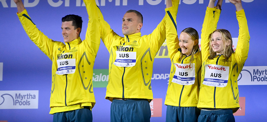 Jack Cartwright, Kyle Chalmers, Madi Wilson and Mollie O&rsquo;Callaghan celebrate on the podium