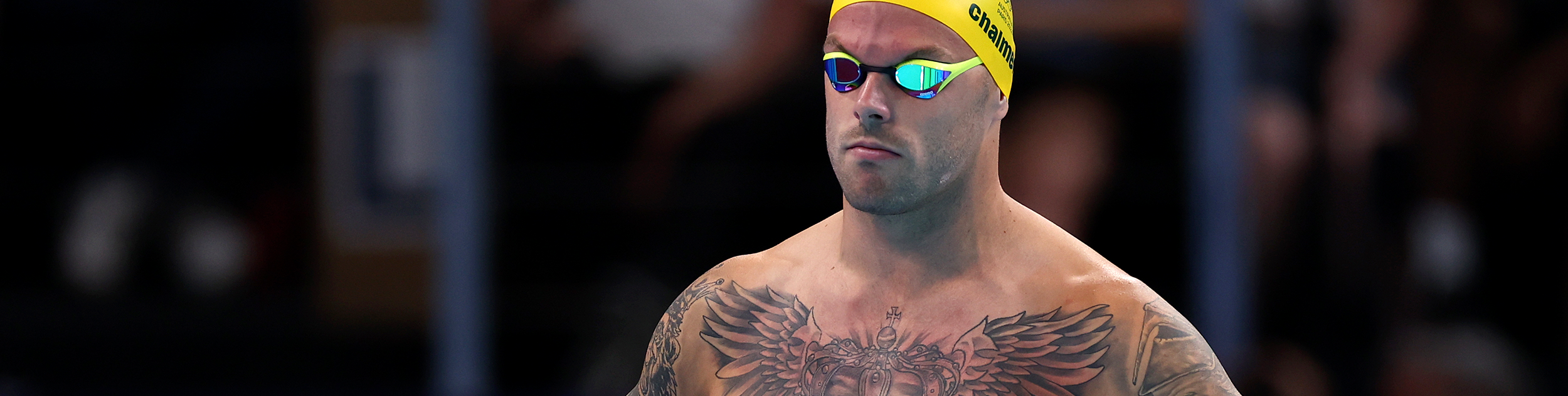 Kyle Chalmers with swimming cap and goggles on